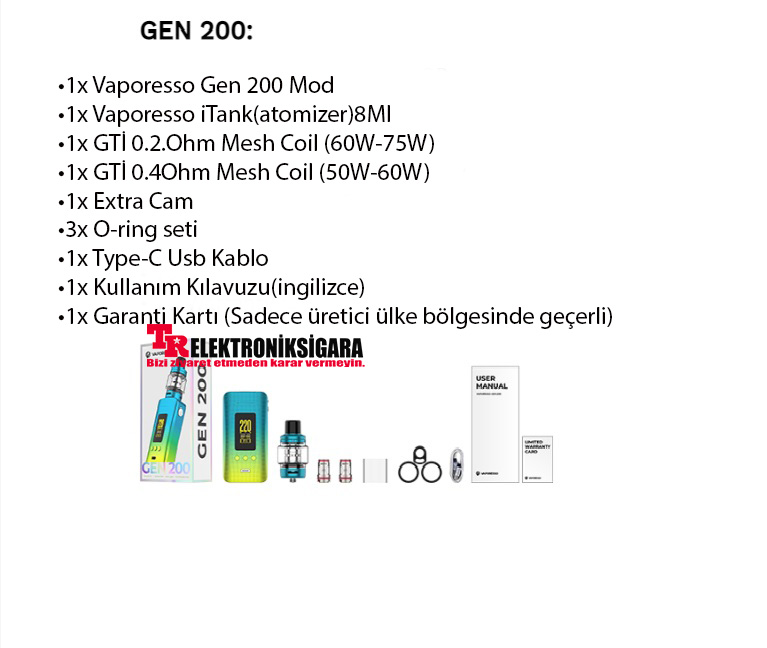 Vaporesso GEN 200 Kit paket içeriği