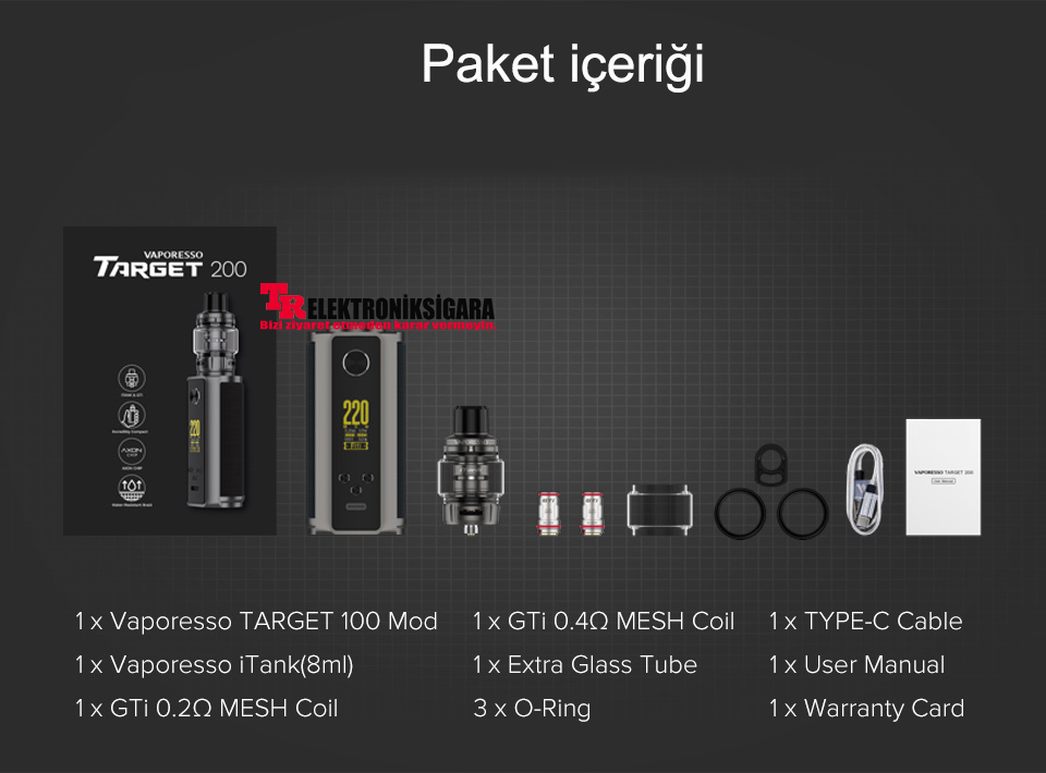 Vaporesso TARGET 200 paket içeriği