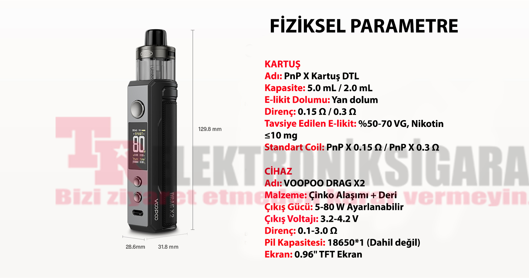 Voopoo Drag X2 fiziksel parametreleri