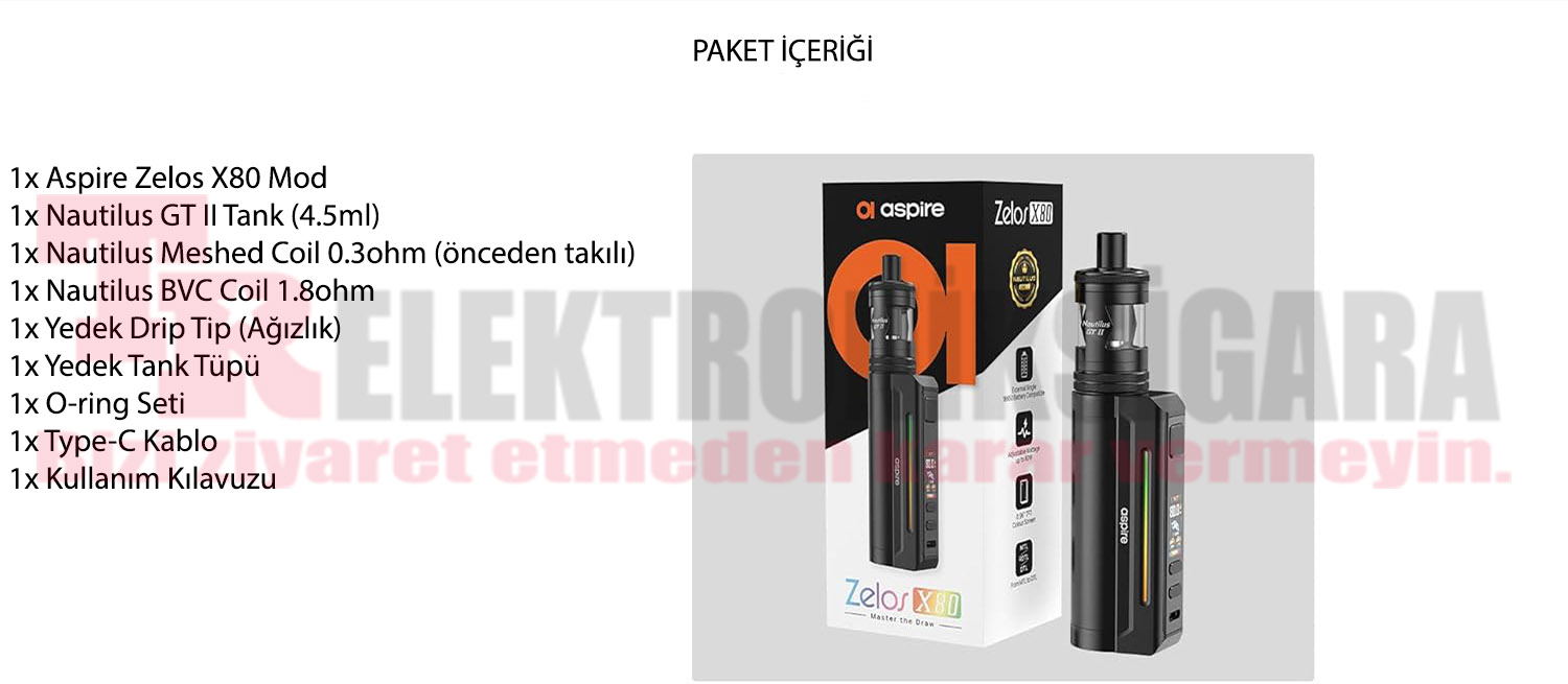 Aspire Zelos X80 standart paket içeriği