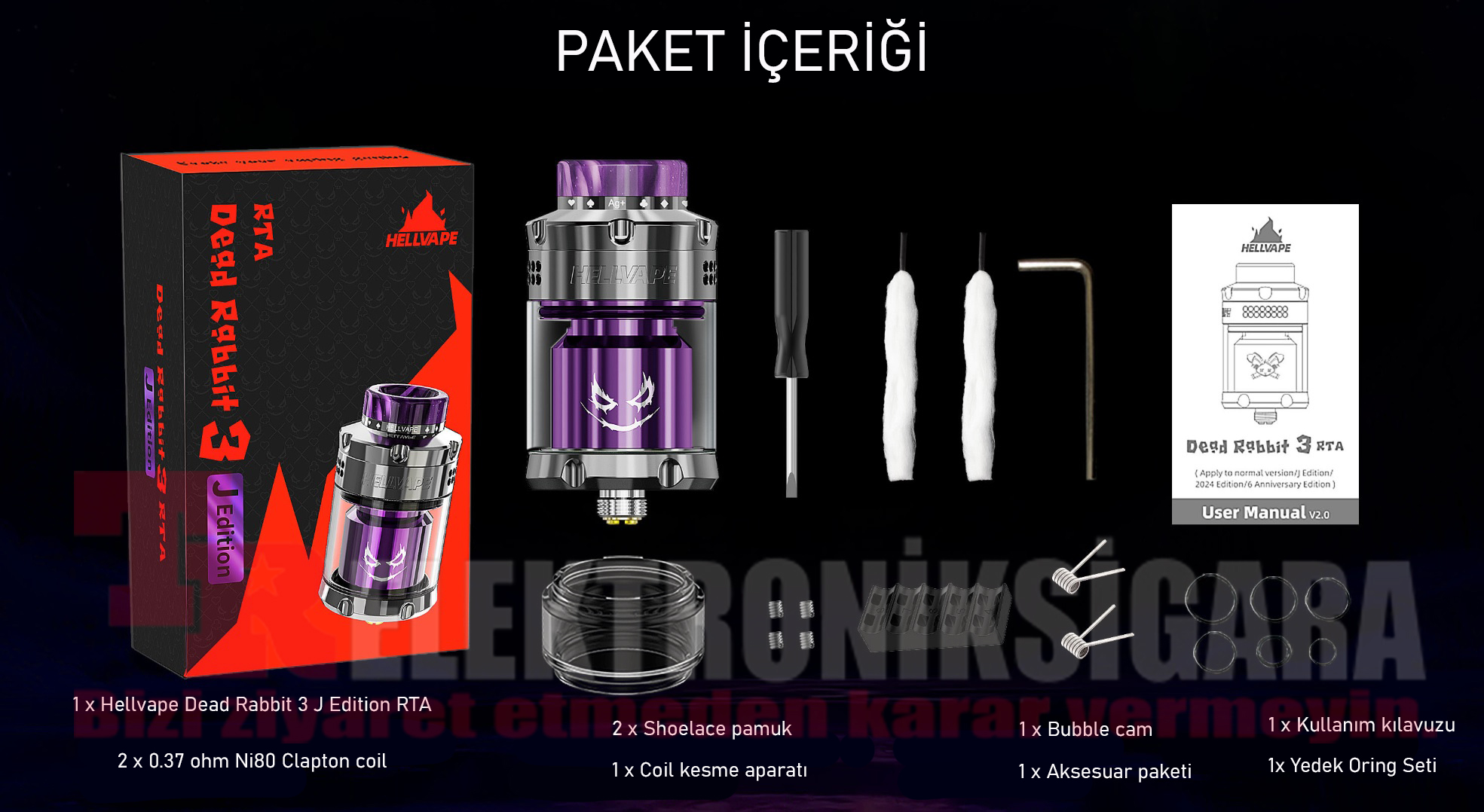 HellVape Dead Rabbit 3 J Edition RTA paket içeriği