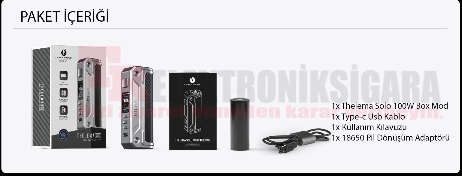Lost Vape Thelema Solo 100W paket içeriği