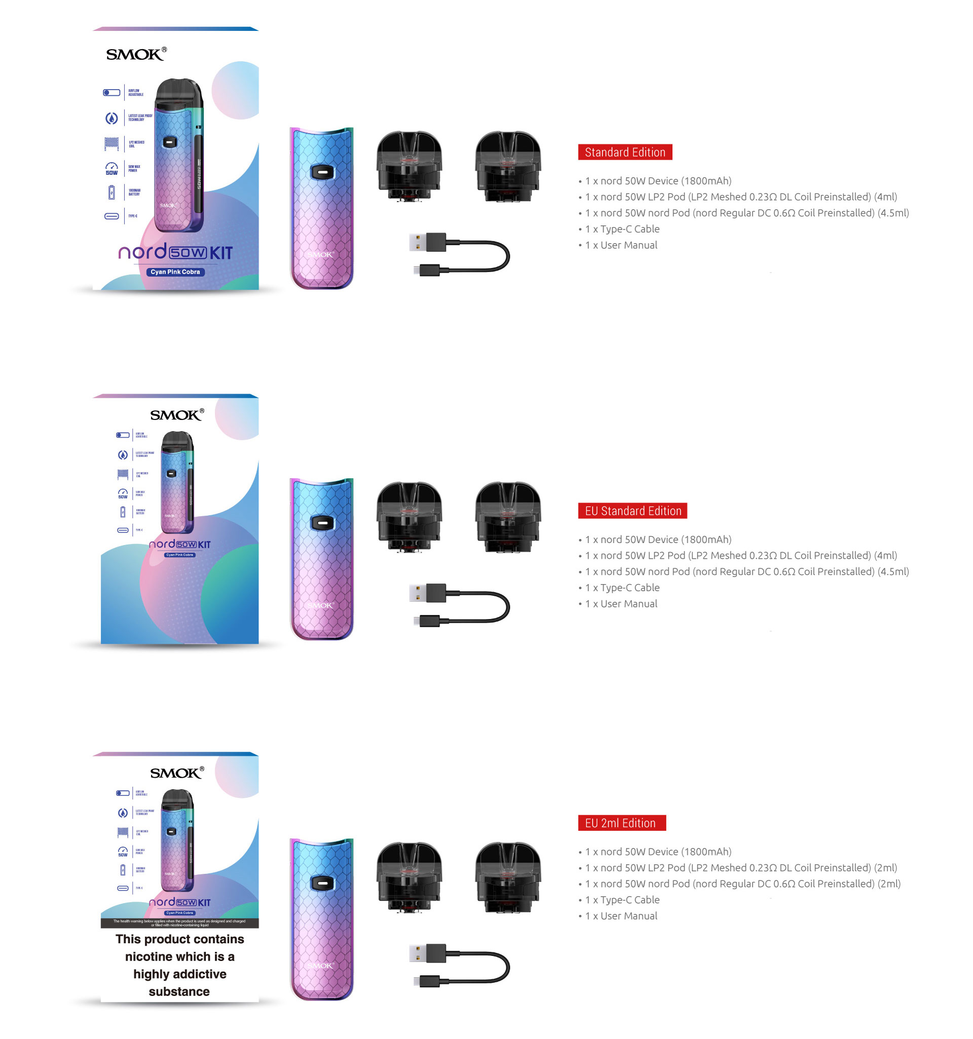SMOK Nord 50W pod mod paket içeriği ve renk seçenekleri