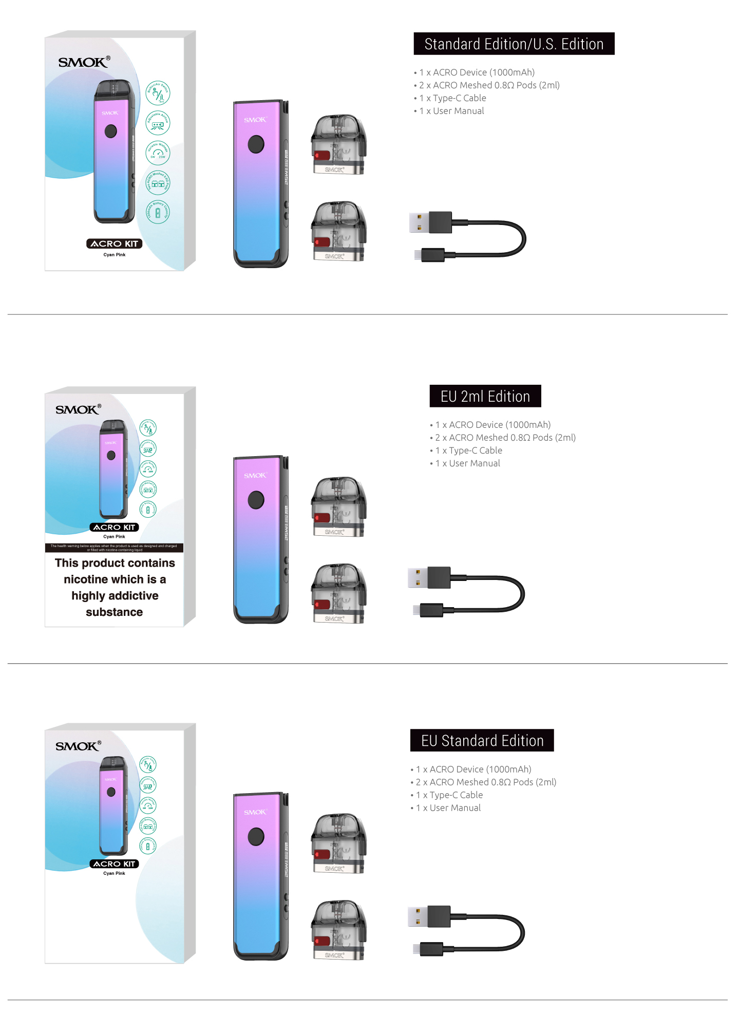 SMOK ACRO pod mod standart kutu içeriği