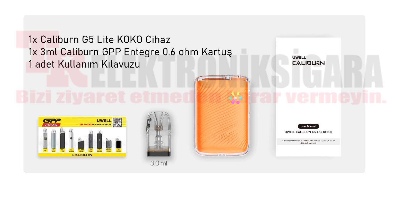 Uwell Caliburn G5 Lite Koko kutu ve paket içeriği