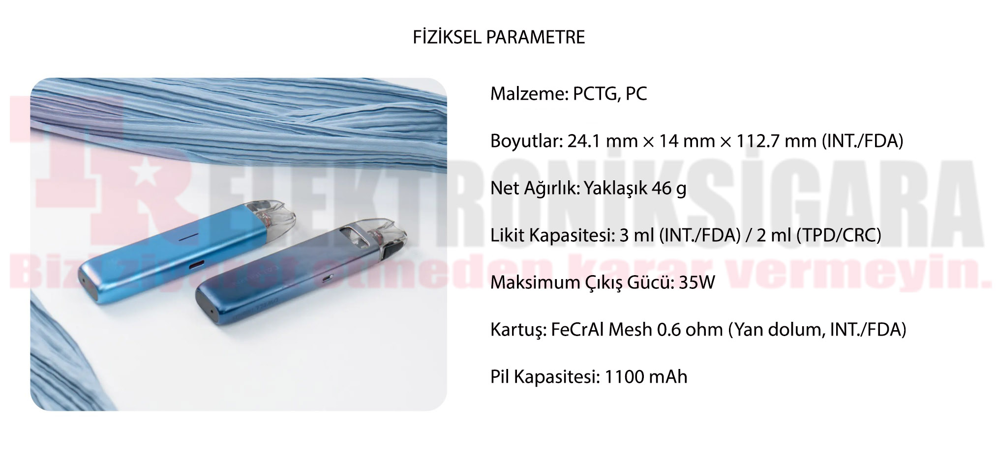 Uwell Caliburn G4 Mini fiziksel özellikleri ve ölçüleri