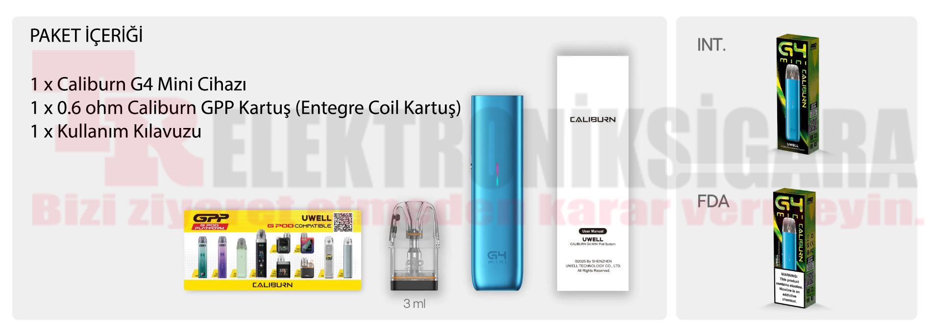 Uwell Caliburn G4 Mini kutu ve paket içeriği