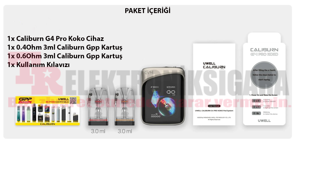 Uwell Caliburn G4 Pro Koko kutu ve paket içeriği