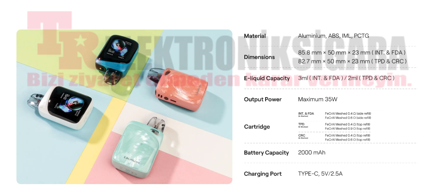 Uwell Caliburn G4 Pro Koko dokunmatik ekran ve ürün parametreleri