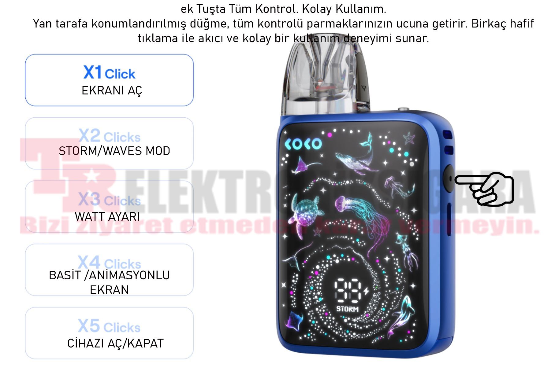 Uwell Caliburn G5 Koko tuş kontrolleri ve kullanım özellikleri