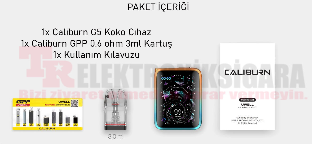 Uwell Caliburn G5 Koko kutu ve paket içeriği