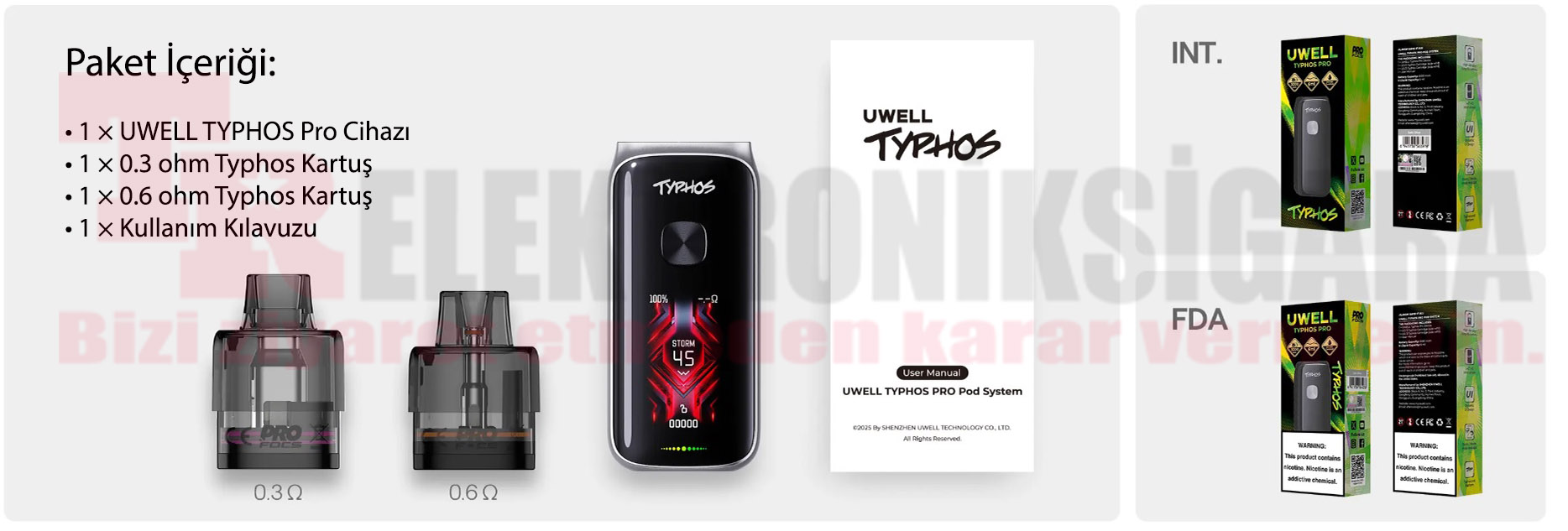 Uwell Typhos Pro cihaz ve kutu içeriği