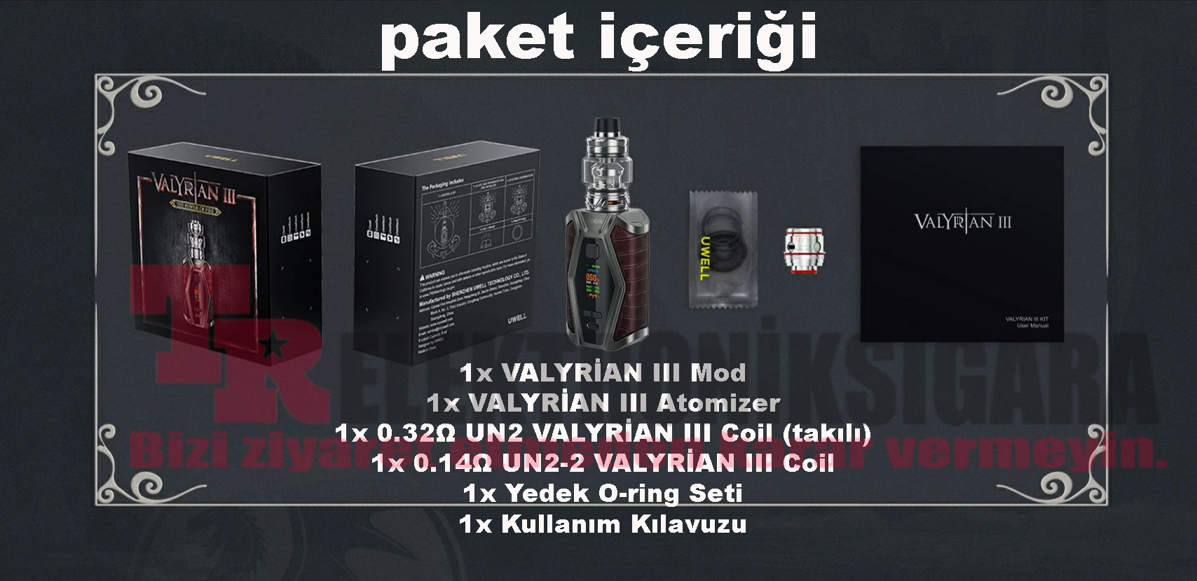 Uwell Valyrian 3 Kit paket içeriği ve renk seçenekleri