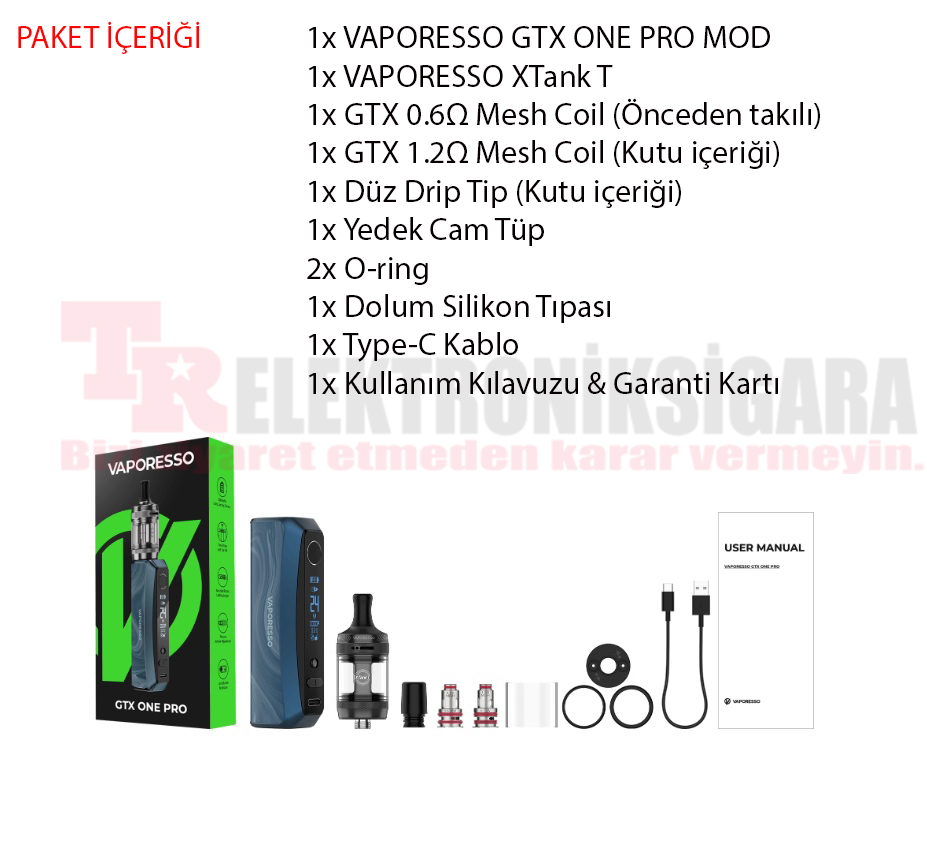 Vaporesso GTX One Pro paket içeriği