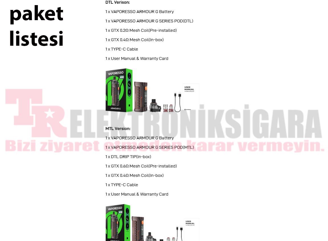 Vaporesso Armour G paket içeriği