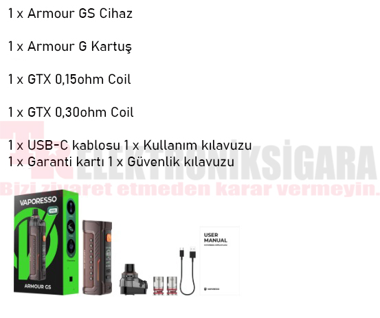 Vaporesso Armour GS paket içeriği