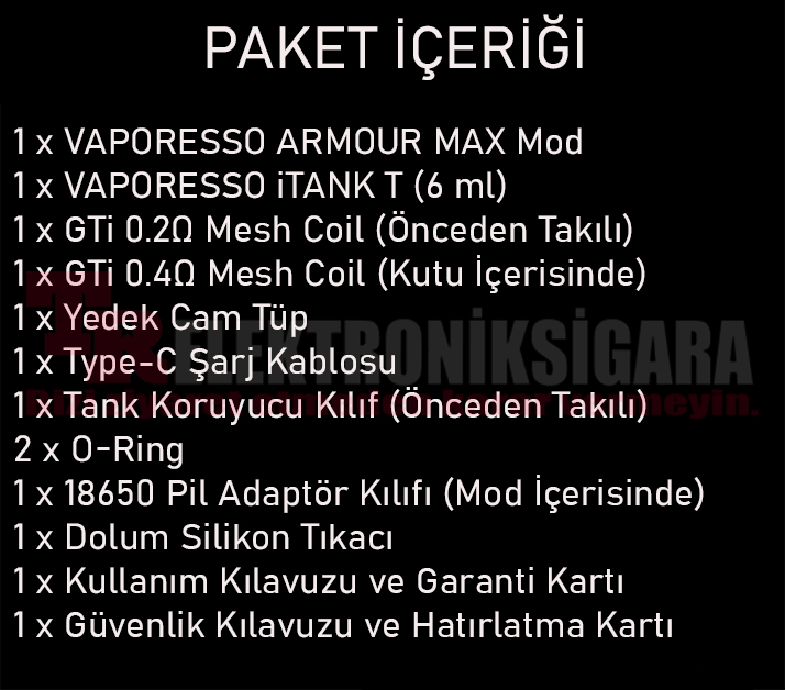 Vaporesso Armour Max iTank T paket içeriği