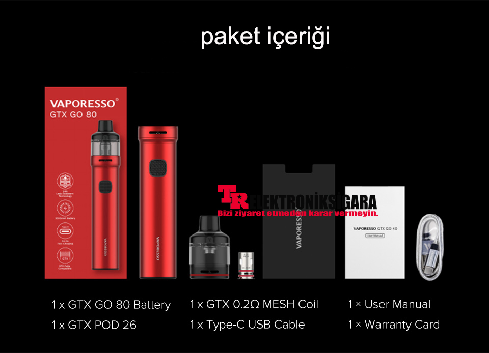 Vaporesso GTX GO 80 paket içeriği