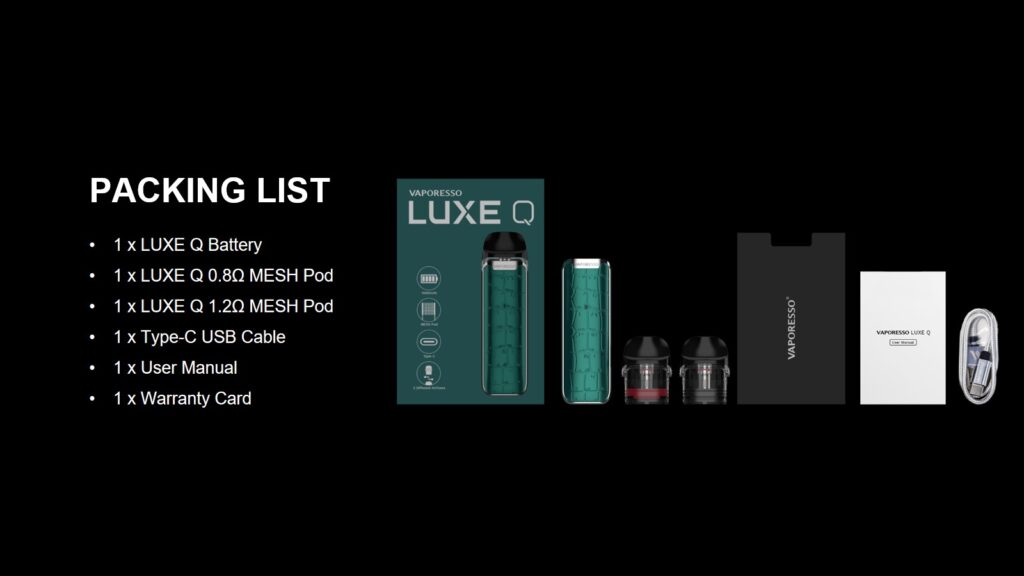 Vaporesso LUXE Q pod kit kutu içeriği