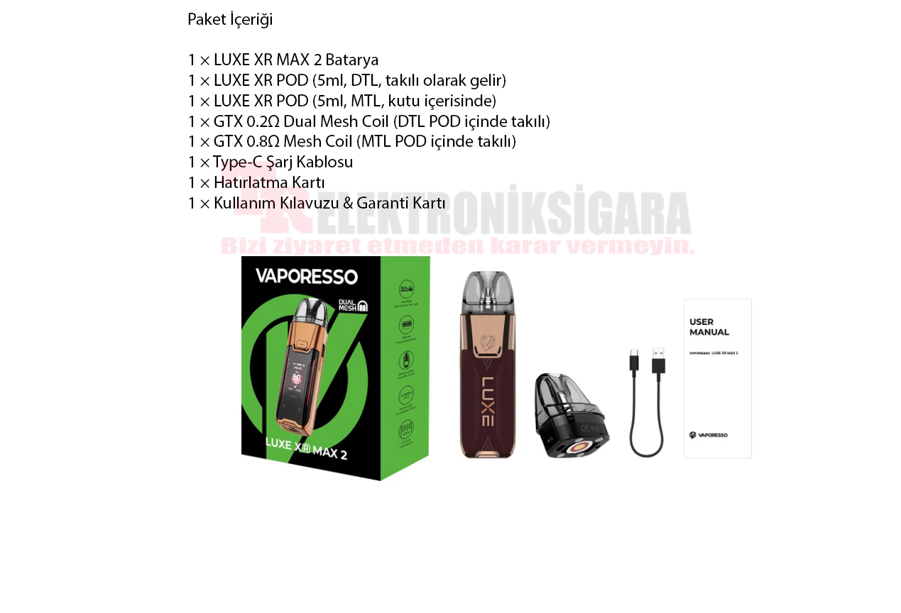 Vaporesso LUXE XR MAX 2 paket içeriği
