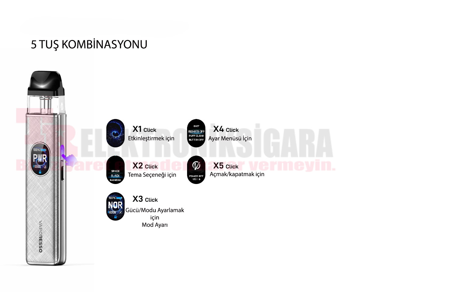 Vaporesso XROS 5 tuş kombinasyonları