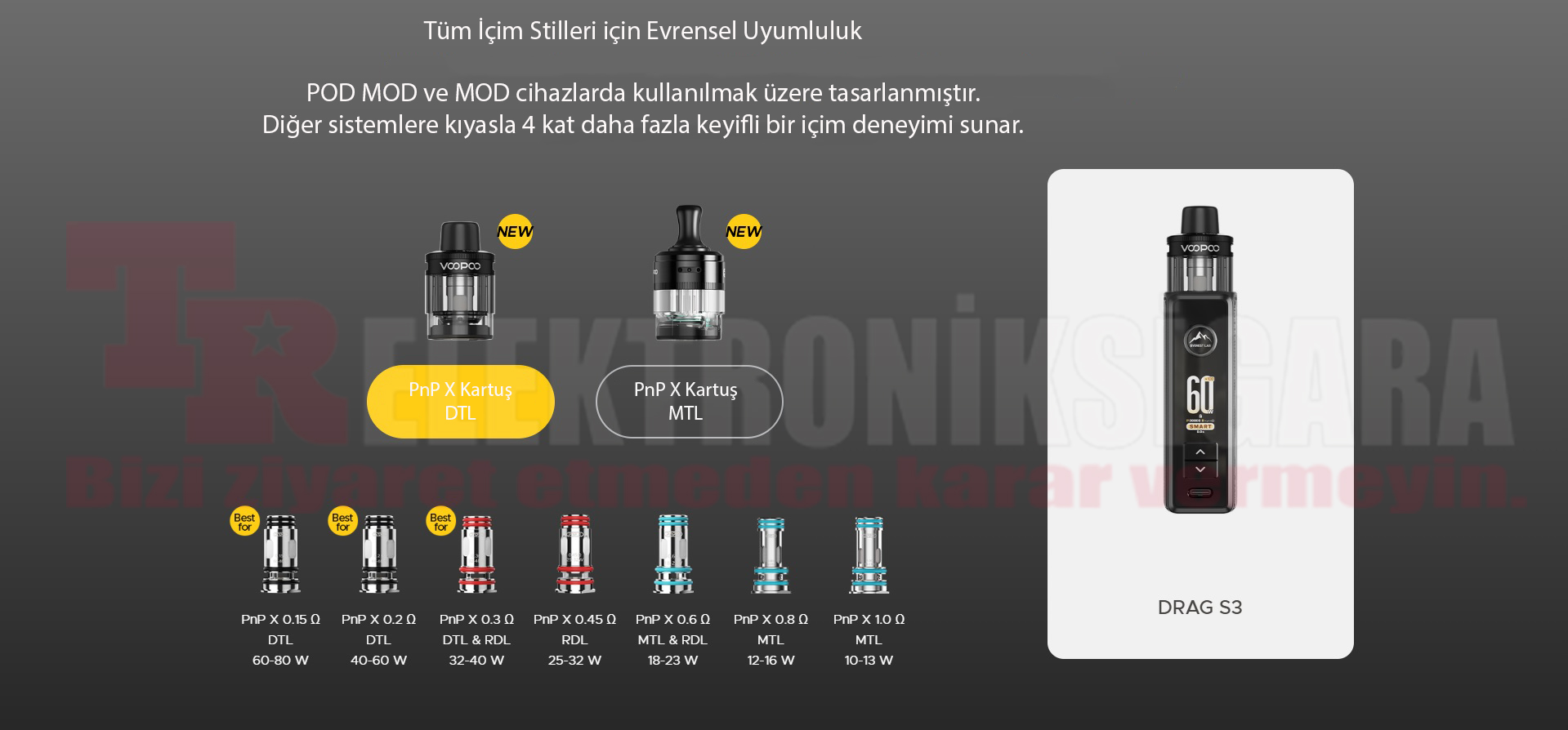 VOOPOO Drag S3 PnP X 0.6 ve 0.8 ohm coil seçenekleri